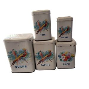 Antique kitchen Canisters Set of 5 Stackable  French 1920’s Tin With Lids As is